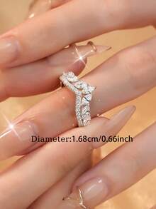1pc Minimalist Fashion Cubic Zirconia Crown Copper Alloy Open Ring, Suitable For Women's Wedding And Party Wear - Silver - View 3