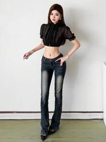 Top corto transparente con botones y bajo fruncido de color liso - Negro - Ver 1