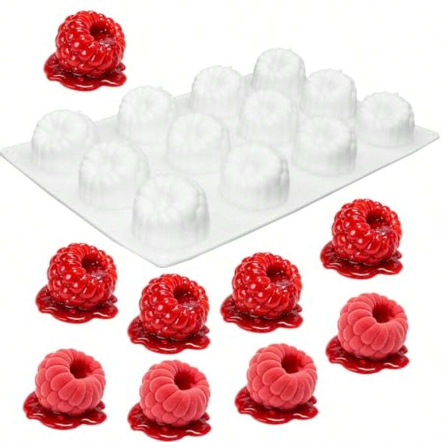 3D Raspberry Silicone Mold For Mousse Cake, 12-Cavity Fruit Pudding Raspberry Mold, Fruit Silicone Baking Mold For Baking Cakes, Pudding, Ice Cream (12-Cavity Raspberry) - View 1