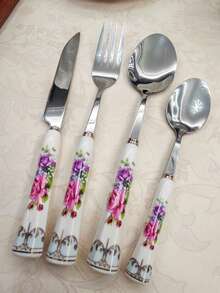 2/4/24pcs Exquisite Hexagonal Floral Ceramic Handle Stainless Steel Tableware Silverware Set, Including Knife, Spoon, Fork, Dessert Spoon, Unique And Elegant Porcelain, Suitable For Restaurants And Daily Family Dining - Multicolor - View 3
