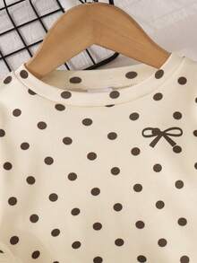 2pcs Baby Girls Vintage Sweet Style Polka Dot Round Neck Long Sleeve Sweatshirt With Side Ribbon Bow Straight Leg Pants Set, Spring/Autumn - Champagne - View 4