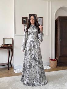 Women's Floral Print Bell Sleeve Satin Long Sleeve Dress - Grey - View 3