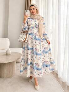 Plus Size Elegant Fashion V-Neck Long Sleeve Ditsy Floral Dress, Ruched Waist Ruffle Hem Tea Length Maxi Dress For Daily Wear, Outings, Gatherings And Commuting - Multicolor - View 1
