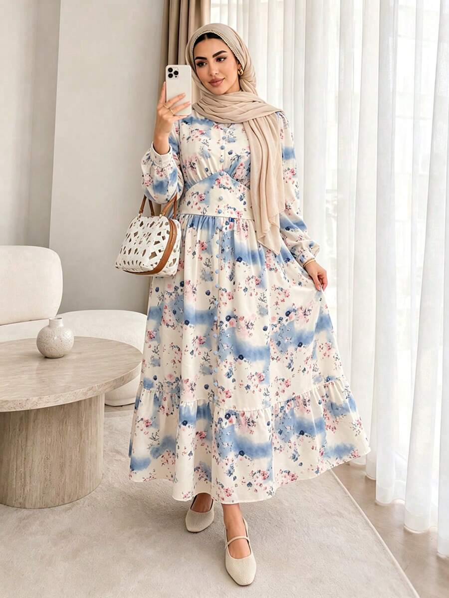 Plus Size Elegant Fashion V-Neck Long Sleeve Ditsy Floral Dress, Ruched Waist Ruffle Hem Tea Length Maxi Dress For Daily Wear, Outings, Gatherings And Commuting - Multicolor - View 1