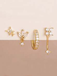 Juego de 4 piezas de pendientes dorados, con circonita cúbica cuadrada, estrella, flor, hoja, trébol y aros, cuidadosamente diseñados como joyería apilable de múltiples perforaciones para mujeres, para uso diario, fiestas y celebraciones - Dorado - Ver 2