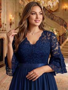 Plus Size V-Neck Floral Lace Ruffle Layered Sleeve Colorblock Chiffon Ruched Hem Formal Evening Party Dress, Suitable For Birthday, Homecoming Dance, Wedding Guest - Navy Blue - View 7