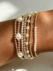 7pcs Fashion CCB Gold Bead Faux Pearl Multi-Layer Elastic Bracelet Set, Stackable Women Bracelets, Suitable For Daily Wear, Vacation And Party - Multicolor - View 1