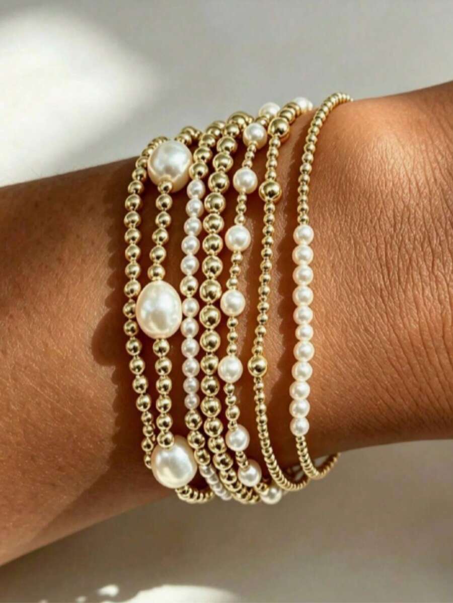 7pcs Fashion CCB Gold Bead Faux Pearl Multi-Layer Elastic Bracelet Set, Stackable Women Bracelets, Suitable For Daily Wear, Vacation And Party - Multicolor - View 1