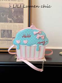 Shoulder Bag, Cupcake 3D Shape Polka Dot Print Bow Accessory Heart Patch Letter Embroidery Cream Drip Design Chain Splicing Adjustable Crossbody Strap Flap Snap Closure Lolita Style Cartoon Asymmetrical Shape Bag Sweet Girl Fun Small Bag - Pink - View 1