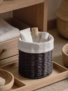 1pc Handwoven Paper Rope Storage Basket With Fabric Liner, Cylindrical Desktop Organizer Bin, Boho Farmhouse Home Decor For Vanity Makeup Brushes, Stationery, Kitchen Countertop, Bedroom Shelf Sundries Organizer - Multicolor - View 10