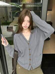 Grey Knitted Cardigan For Women, Mid-Length Loose Fit Versatile Jacket, Spring/Autumn New Arrival - Grey - View 5