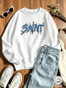 Women's Loose Fit Blue Gradient Letter & Star Print Crew Neck Sweatshirt, Breathable Street Style Pullover For Spring & Fall Daily Wear - White - View 1