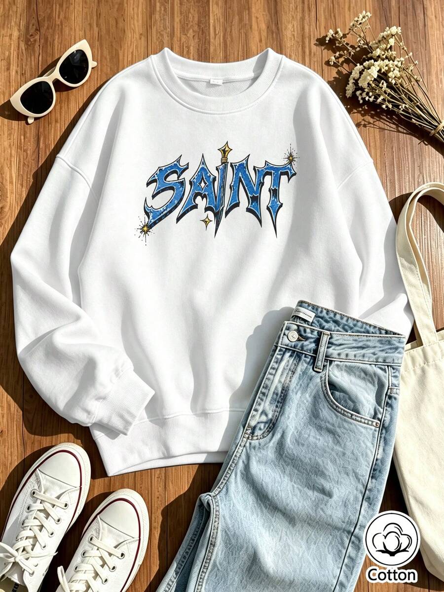Women's Loose Fit Blue Gradient Letter & Star Print Crew Neck Sweatshirt, Breathable Street Style Pullover For Spring & Fall Daily Wear - White - View 1