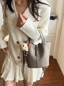 Handbag With Doll Pendant And Bead Chain Decor, Sweet And Gentle Style Bucket Bag, Suitable For Daily Dates, Shopping And Outings, Energetic Atmosphere Crossbody And Hand-Carry Dual-Use Compact Bag - Grey - View 6