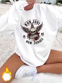1PC Custom Bon Jovi Skull Wing Print Pattern Women's Fleece Sweatshirt - White - View 1