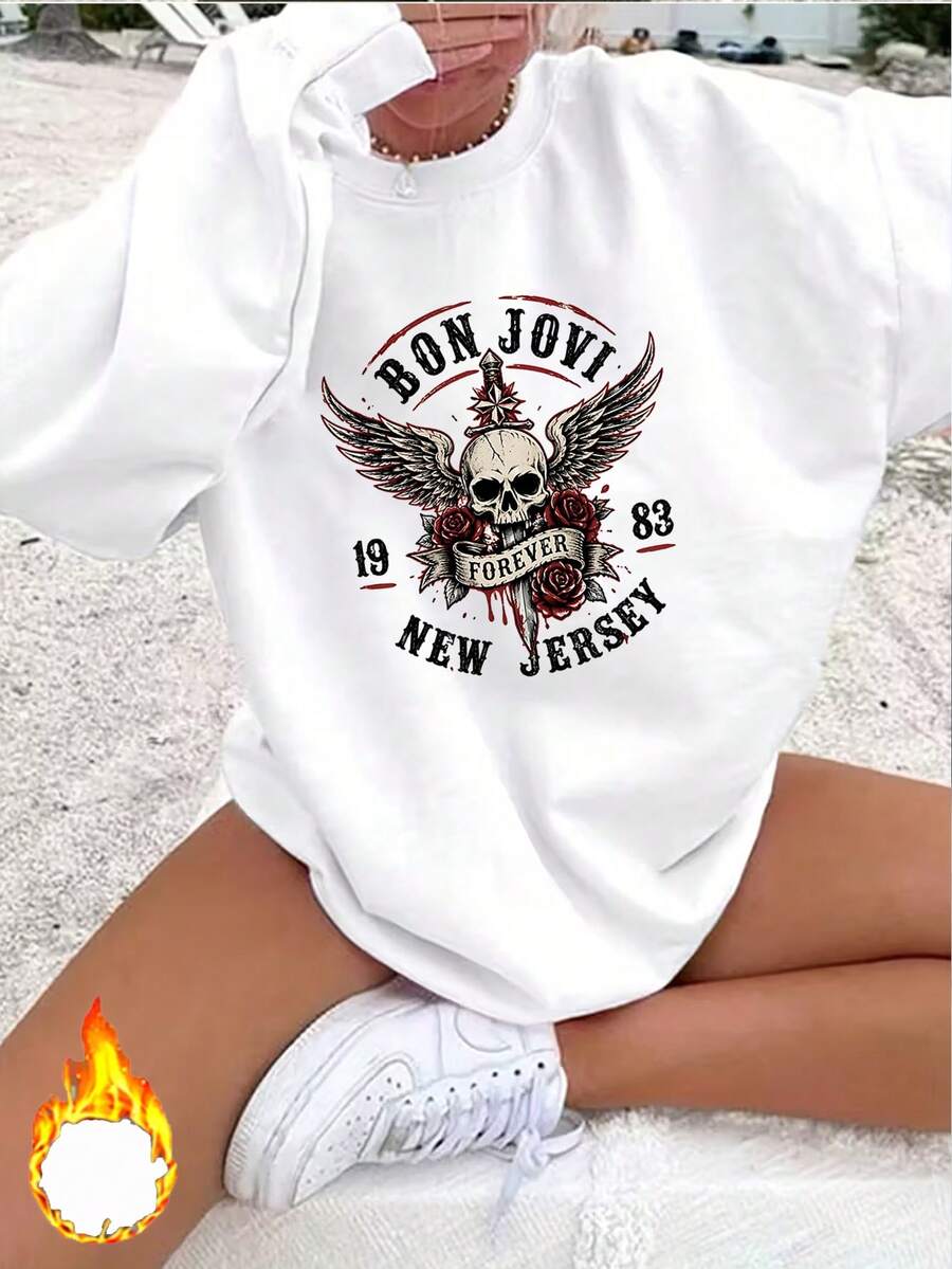 1PC Custom Bon Jovi Skull Wing Print Pattern Women's Fleece Sweatshirt - White - View 1