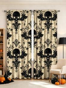 2PCS Halloween Curtains, Retro Distressed Beige Background Black Skull Ornate Print, Halloween Gothic Style Decorative Window Drapes For Home Decoration - Multicolor - View 2