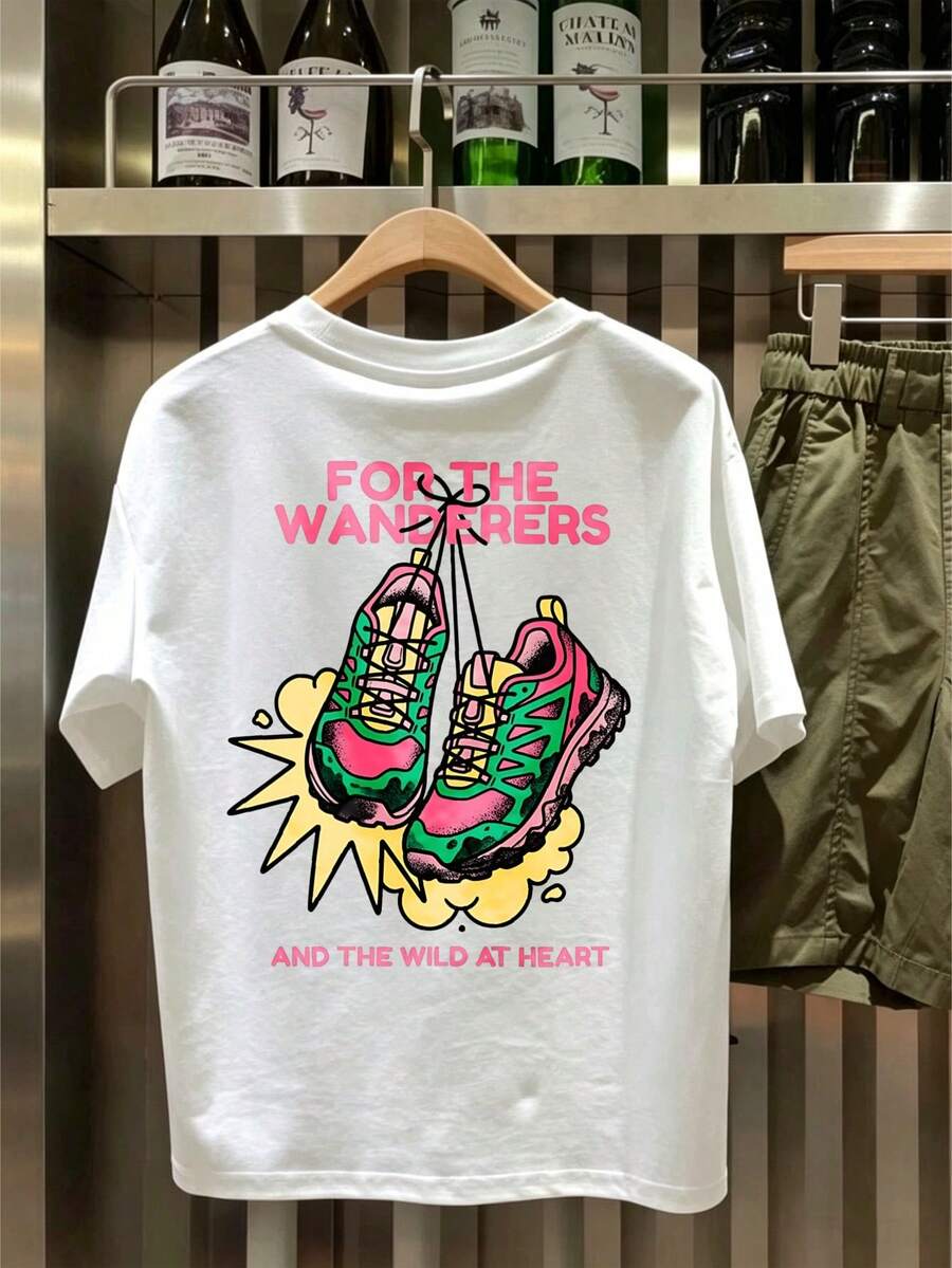 Outdoor Adventure Cotton Short Sleeve T‑Shirt, Colorful Hiking Boots Graphic On Back, Loose Fit Casual Travel Street Top - White - View 1