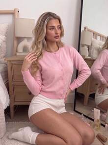 Women's Cardigan Sweater, Round Neck, Single-Breasted Button-Down, Long Sleeve, Sweet Girl Style, Basic Solid Color, Can Be Worn Alone Or Layered, Autumn/Winter - Pink - View 1
