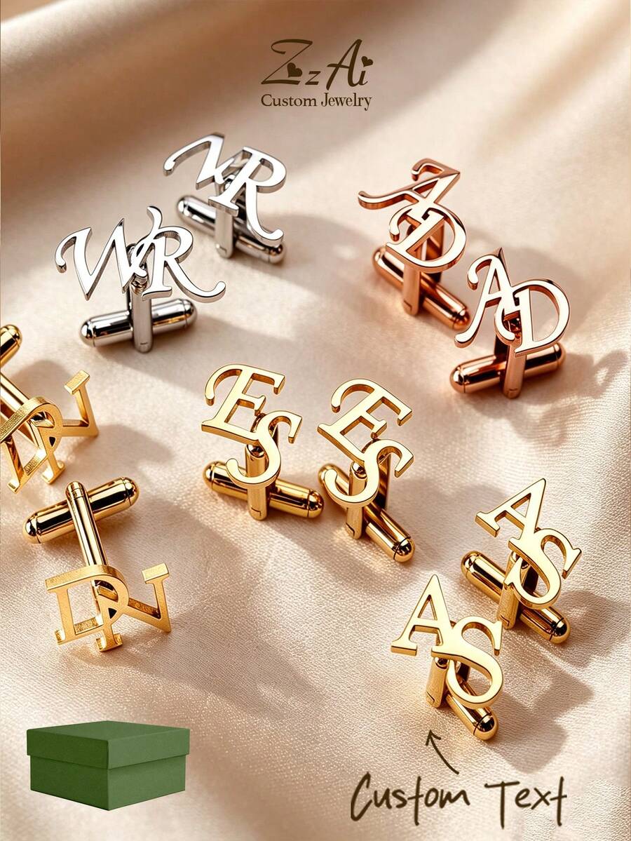 [ZzAi Custom]1 Set Personalized Custom Text Cufflinks, Cut-Out Text Combination Cufflinks, Tie Clip, Custom Text, Men's Exclusive Set, Suitable For Christmas, Wedding, Birthday Gift - Text - View 1