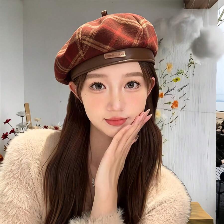 Boina de lana a cuadros vintage, sombrero de estilo francés versátil de gran circunferencia de cabeza para mujer, sombrero retro de pintor, gorra de estilo británico que realza la atmósfera y estiliza el rostro, gorra de estilo old money con letra metálica y forma octagonal - Mariposa - Ver 1