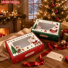34/68/102pcs Christmas Window Decoration Gift Box Set, (Red Christmas And Green Christmas), Featuring Santa Claus And Snowman Patterns-Pre-Assembled Party Gift Box, Suitable For Christmas Decorations, Includes Christmas Stickers - Multicolor - View 1
