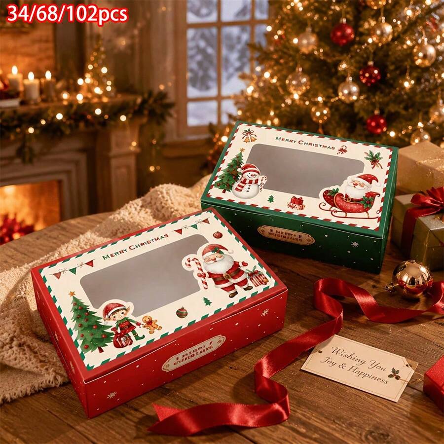 34/68/102pcs Christmas Window Decoration Gift Box Set, (Red Christmas And Green Christmas), Featuring Santa Claus And Snowman Patterns-Pre-Assembled Party Gift Box, Suitable For Christmas Decorations, Includes Christmas Stickers - Multicolor - View 1