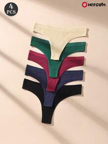 5pcs Solid Color Low Waist Ribbed Cotton Sexy Women's Thong Panties, Elastic Soft Comfortable Ladies Underwear - Multicolor - View 2