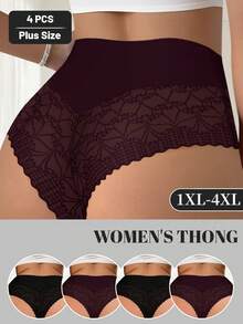 MEIYATING 4pcs/Pack Plus Size Women Lace Trim Mesh Splice Soft Comfortable Sexy Thong Panties - Multicolor - View 2