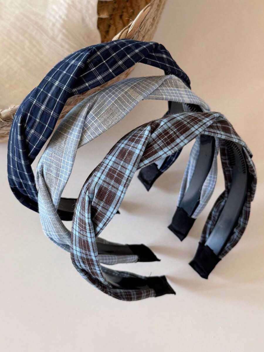 1/3PCS Korean Style Fabric Plaid Headband, Elegant Fashion Cross Wide Headband, Versatile Non-Slip Hair Accessory For Women - Multicolor - View 1
