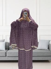 Women's Floral Lace Trim Prayer Abaya Set, Loose Hooded Jilbab With Long Skirt, Muslim Islamic Style Modest Daily Wear - Multicolor - View 9