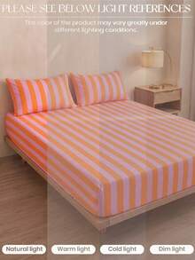 1件裝粉色與橘色條紋彈性床單，無填充，法蘭絨透氣舒適條紋彈性床單，適用臥室，特大/大/中/單人尺寸，返校宿舍床上用品 - 橘色 - 查看 7