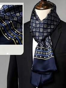 Luxury Men's Scarf, Premium Navy Blue, Classic Geometric Pattern, Fashion Item, Formal Occasions, Daily Wear - Navy Blue - View 2
