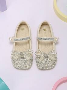 Girls' Cream White Exquisite Pearl & Rhinestone Bow Mary Jane Shoes, Suitable For Autumn Banquet And Holiday Party Outfits - Beige - View 1