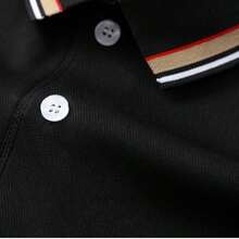 Manfinity Homme Men Black Long Sleeve Polo Shirt, Striped Contrast Trim Lapel Collar, Button Placket Casual Golf & Commute Wear - Black - View 7