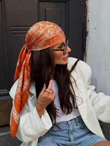 1pc Women's Large Floral Print Square Scarf, 60cm Large Size Satin Silky Feel Square Scarf Headscarf - Orange - View 5