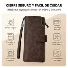 Billetera Larga para Hombre de PU, Cartera de Mano Multifuncional con Múltiples Ranuras para Tarjetas, Cierre de Cremallera y Broche, Espacio para Celular - Marrón - Ver 6