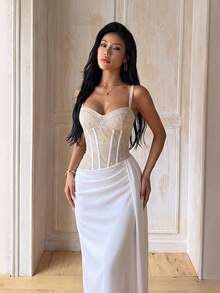 1pc Solid Color Elegant Knit Fabric Sleeveless Dress For Wedding Summer - White - View 4