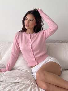 Women's Cardigan Sweater, Round Neck, Single-Breasted Button-Down, Long Sleeve, Sweet Girl Style, Basic Solid Color, Can Be Worn Alone Or Layered, Autumn/Winter - Pink - View 3