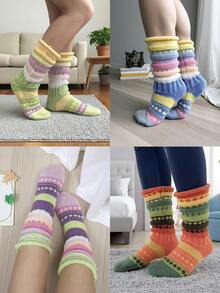 1 Pair Women's Winter Striped Ruffle Long Socks, Fairland Style, Thick Soft Warm Y2K Retro - Multicolor - View 1