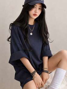 女款時尚夏季圓領中長版寬鬆百搭極簡純色短袖T恤大尺碼上衣休閒 - 藏蓝色 - 查看 1
