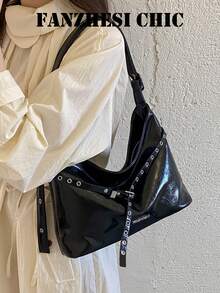 Metal Grommet Rivet Decor Wide Strap Weight-Relieving Design Zipper Closure American Vintage Motorcycle Style Hobo Tote Bag College Student Commuter Shopping Shoulder Underarm Bag Hot Girl Outfit Large Capacity Soft Bag - Black - View 6