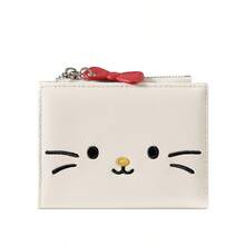 Cute Cat Embroidery PU Leather Short Bifold Wallet With Bow Zipper Charm, Snap Closure Multi Card Slots Coin Purse For Women Girls - Multicolor - View 8