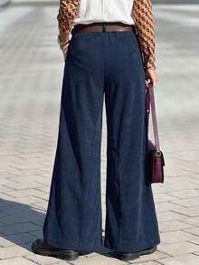 Women's Corduroy Flare Pants, Wide Leg Bohemian Style Long Pants With Pockets, Zipper And Button Fly, Slightly Stretchy, Suitable For Autumn Wear - Royal Blue - View 3