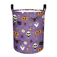 1PC Cartoon Halloween Printed Storage Basket With Handle, Featuring Pumpkin, Skull, Ghost, Bat, Spider, Tombstone, Candy, And Corn Patterns. Suitable For Storing Clothes And Miscellaneous Items, As Well As Halloween Home And Room Decoration. - Purple - View 7