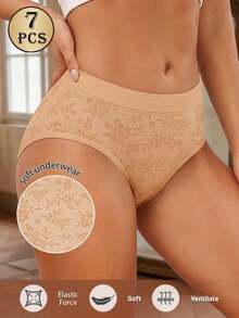MEIYATING 7pcs Women's Mid-Low Waist Seamless Panties, Fashionable Floral Print & Solid Color, Comfortable & Snug Fit Triangle Briefs - Multicolor - View 5