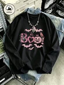 Women's Long-Sleeve Cotton T-Shirt Featuring A Halloween Pumpkin And Spider Print; Stylish, Simple, Casual, And Versatile. - Black - View 1