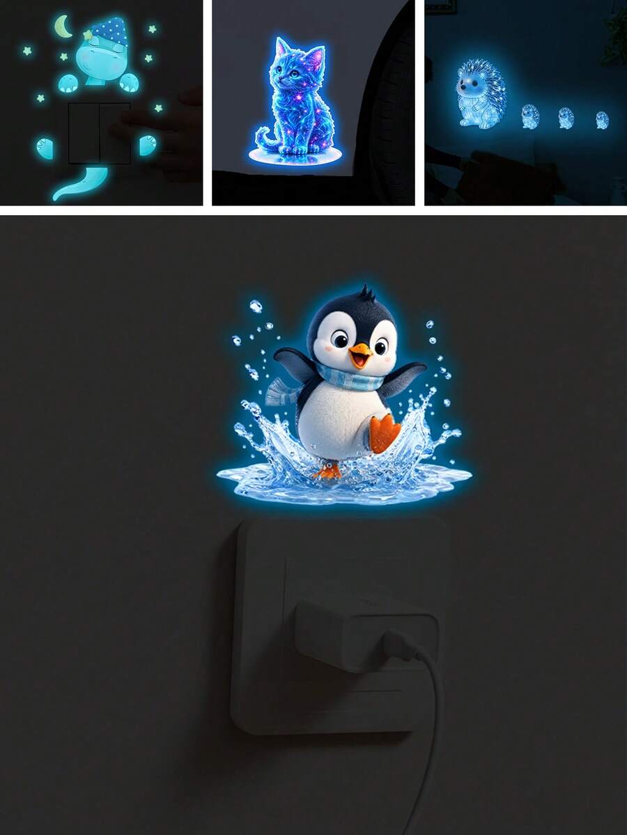 1Pc Cute Penguin Glow In The Dark Wall Sticker, Self-Adhesive Luminous Cartoon Wall Decal For Kids Room Bedroom Light Switch Home Decor - Multicolor - View 1