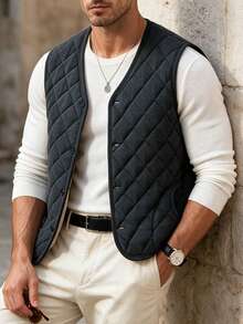 Men's Autumn/Winter Fashion Sleeveless Round Neck Cotton Padded Vest, Suitable For Daily Commute And Vacation - Grey - View 3