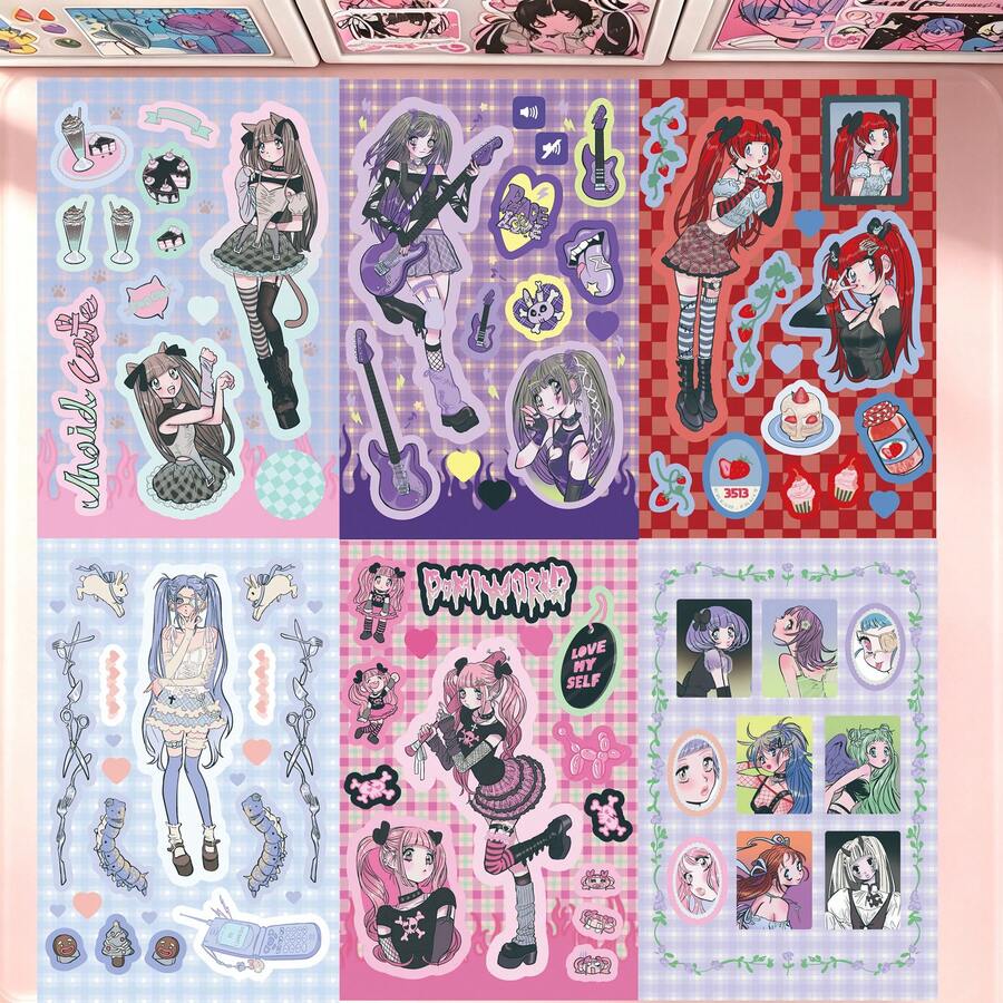 6 Peças Conjunto de Adesivos de Menina Cartoon, [Adesivos Decorativos de Menina Cartoon Doce & Legal] - Adesivos Decorativos Fofos e Altamente Atraentes para Scrapbooking e Planejador - Adequado para Scrapbooks, Planejadores, Decoração de Garrafas de Água - Compatível com a Série de Adesivos Decorativos Felizes, Adesivos Fofos, Decoração de Planejador, Design Criativo, Padrões Coloridos, Suprimentos de Scrapbooking, Adesivo Durável, Artesanato Feito à Mão - Multicolorido - Visão 1
